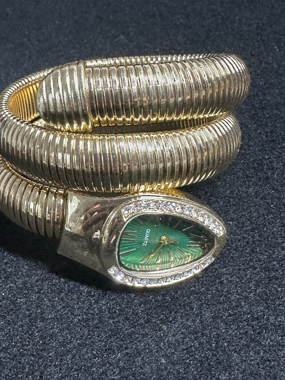 Luxurious Gold Tone Serpentine Bracelet Watch Crystal Green Elegant Dial NWOT